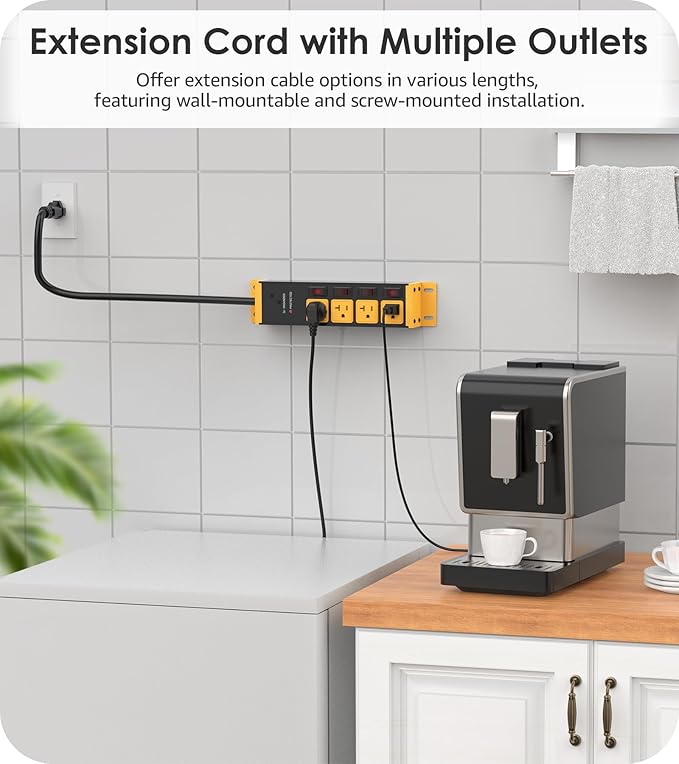 CCCEI Heavy Duty Surge Protector Power Strip 20 Amp Individual Switches. 10FT 12 Gauge Extension Cord with Multiple Outlets. Kitchen, Garage, Shop, Industrial Wall Mount Electric Extender, Yellow.