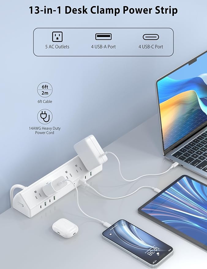 Jgstkcity Desk Clamp Power Strip,45W Fast Charging Station,4 USB-C,4 USB-A,Desk Mount Surge Protector,1875W Extension Cord with Multiple Outlets,ETL Listed,for Home Office Dorm Room,White,6 FT
