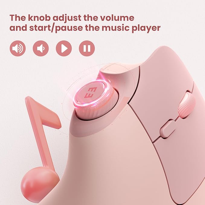 seenda Ergonomic Mouse Rechargeable, USB+Dual Bluetooth, MOU-302 Vertical Wireless Mouse with Volume Knob, Quiet Clicks, Multi-Device Cordless Mice Compatible for Windows, PC, Laptop, Mac OS, Pink