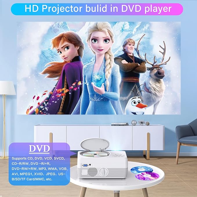 Full HD WiFi Bluetooth Projector Built in DVD Player, 12000LM 1080P Supported, Portable Mini DVD Projector for Outdoor Movies, 250" Home Theater, Compatible with iOS/Android/TV Stick/PS4/HDMI/USB/TF