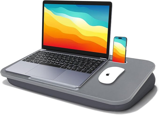 Lap Desk, Lap Desk with Cushion, Fits up to 17 inch Laptop, Pillow Designed, Portable Laptop Stand with Tray, Pad & Phone Holder, Home Office for Bed/Couch/Car/Reading/Writing, MillHome (Gray)