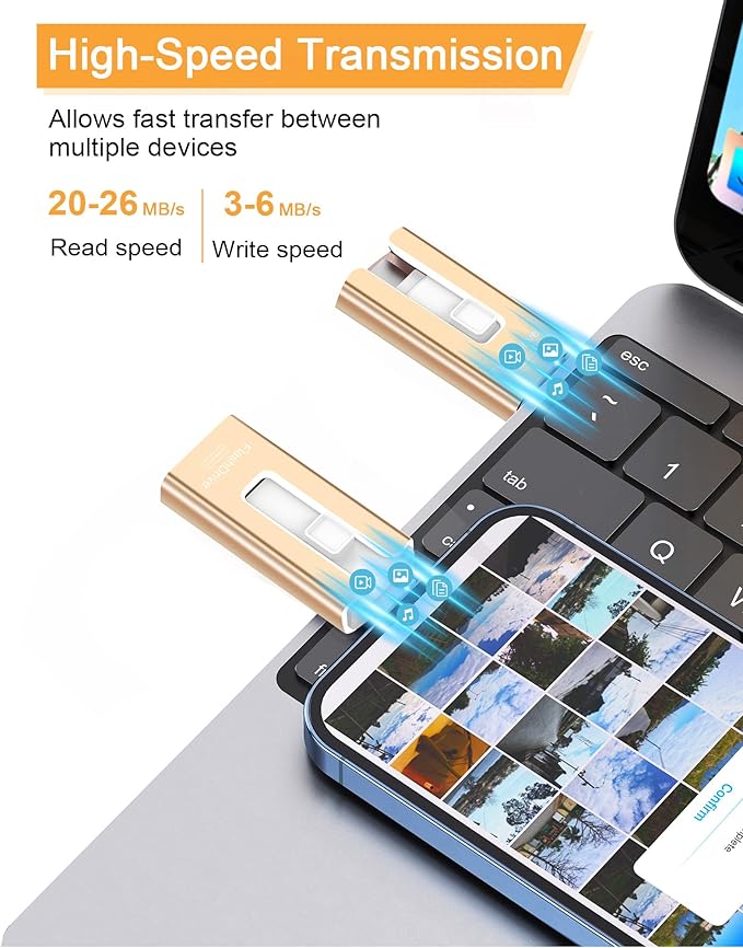 256GB USB Flash Drive for Phone and Pad, Photo Stick High Speed External USB Thumb Drives Photo Storage Memory Stick for Save More Photos and Videos (Gold, 256GB)