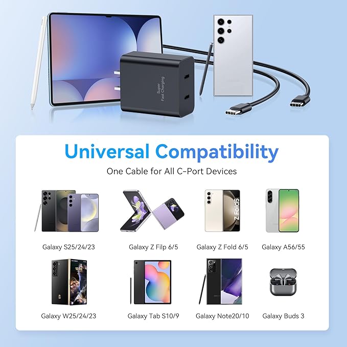 45W Samsung Super Fast Charger,2Pack Dual Port USB C Samsung Charger Fast Charging,Quick Double Type C Android Chargers Block 10FT Long USB C Cable for SamsungGalaxy S25 Ultra/S25/S24+/S23/S22/S21/S20