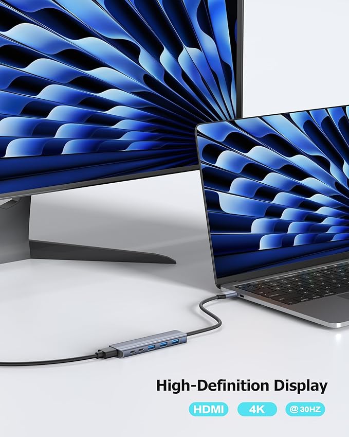 USB C Hub HDMI Multiport Adapter Dongles for MacBook Pro/Air Mac iPad Laptop, Tpye C Multiple Dock with 4k@30Hz HDMI, USB A 3.0, USB C 3.0, 100W Pass Through Charging