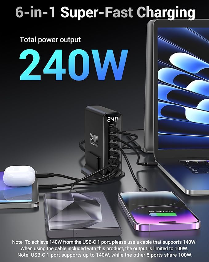 240W USB C Charger 6-Port, PD3.1 GaN Charger with LED Display Desktop Fast Charging Station for MacBook Pro/Air, iPhone Pro, iPad Pro, Dell XPS, Galaxy, Pixel, Laptops and More, Black