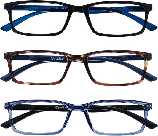 OPULIZE SEE Reading Glasses with Blue Light Blocking for Women and Men, Narrow Frame, Spring Hinges, Computer Gaming Glasses, Black,Brown,Blue +3 (Pack of 3)