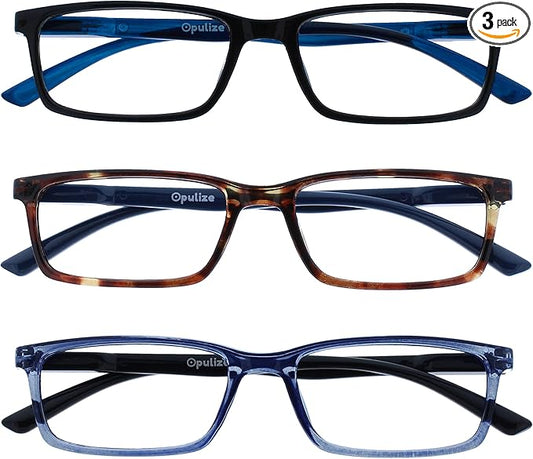 OPULIZE SEE Reading Glasses with Blue Light Blocking for Women and Men, Narrow Frame, Spring Hinges, Computer Gaming Glasses, Black,Brown,Blue +1.5 (Pack of 3)
