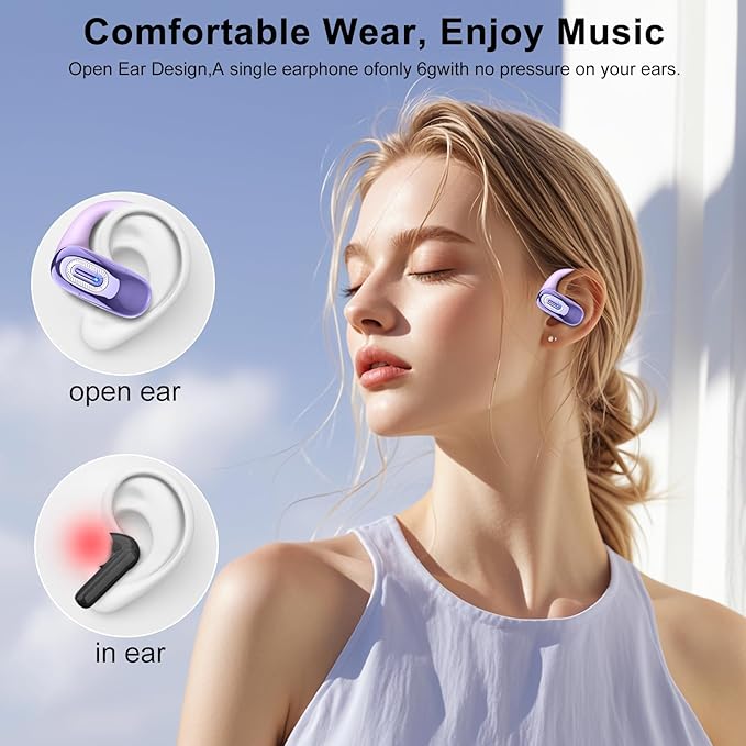 Open Ear Headphones, Bluetooth 5.4 Earbuds, 50H, Air Conduction Ear buds, HD Stereo Bass Over Ear Earphones with Earhooks, Ultra-Comfort Secure, IPX7 Waterproof Headset for Working Sports, Purple