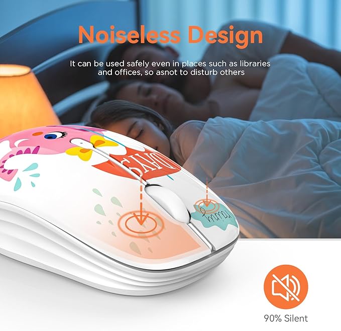 Cute Wireless Mouse Dual Mode with 2.4GHz USB Receiver and Bluetooth Connection for Laptop, iPad, Mac, AA Battery Silent Cartoon Cordless Mice for Kids and Students (Pink Elephant)