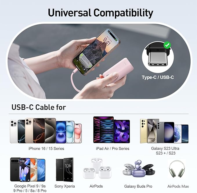 iWALK Mini Portable Charger 10,000mAh, 22.5W USB-C Fast Charging Power Bank with Built-in Cable, Travel Essential Ultra-Small Battery Pack Compatible for iPhone 16/16 Pro/15, Samsung, Google, Pink