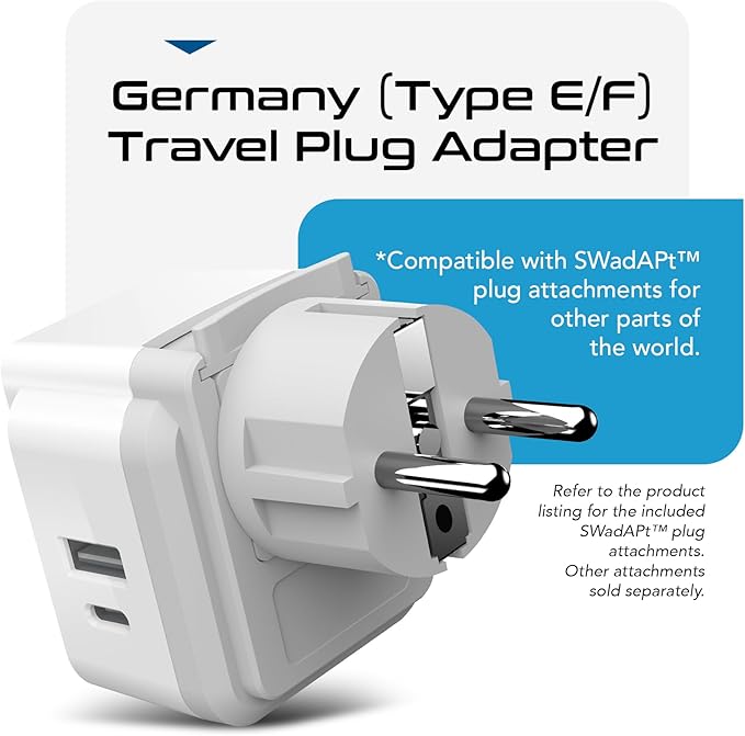 Ceptics European Plug Travel Adapter Set, 20W PD & QC, Safe Dual USB & USB-C - 2 USA Socket - Compact - Use in Germany, France, Italy, UK - Includes Type E/F, Type C, Type G SWadAPt Attachments