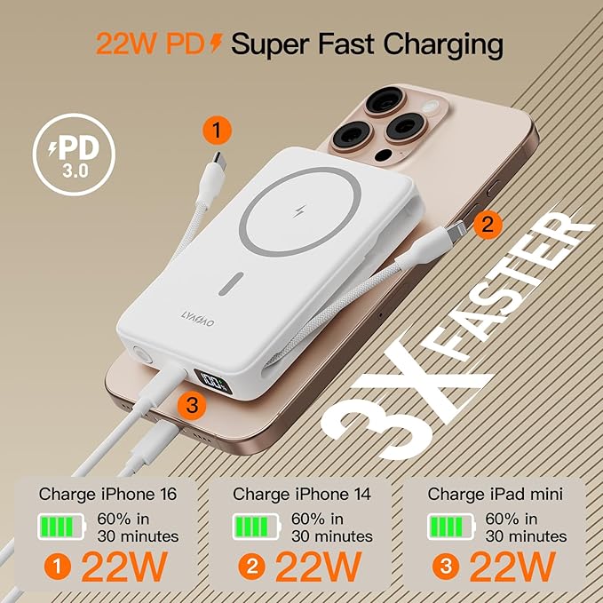 2025 Magnetic Battery Pack 16800mAh Mobile Power Bank, Portable Charger with Foldable Stand and Built-in Cable, 20W USB-C Fast Charging, Suitable for iPhone 17/16/15/14/13/12 Series