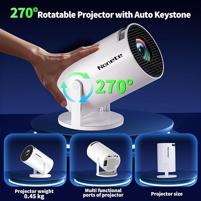 【Built-in Apps】Mini Projector 1080P, 4K Projector Full HD with WIFI 6 and Bluetooth 5.2, Support 270° Rotatable Portable Projector with Auto Keystone Correction,Compatible with Phone/HDMI/USB-White