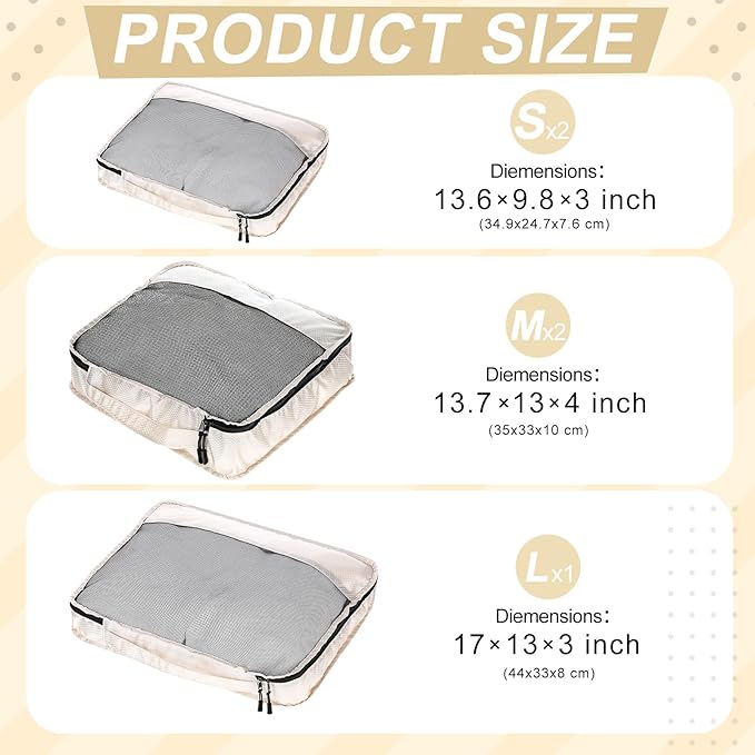 5 Pcs Packing Cubes for Suitcase Large Travel Cubes Carry on Luggage Organizer Bags for Clothes Accessories(Mixed,Khaki)