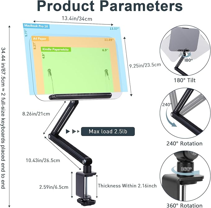 ASIEIT Desk Clamp Book Stand, Aluminum Book Holder Adjustable Height & Angle, Cookbook Stand for Kitchen, Recipe Book Holder with 360° Swivel Base, Book Stand for Reading, Office, Laptop