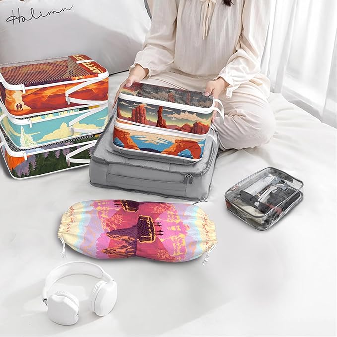 Compression Packing Cubes for Travel, 7 Set National Park Expandable Mesh Luggage Organizers, Waterproof Expandable/Compression Bags Travel Packing Cubes with Clear Toiletry Bag