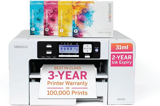 Sawgrass SG500 VersiFlex Printer Bundle, Innovative Inks & Light Heat Transfer Paper Bundle - Soft-Touch Infusible Ink, 8.5x11 Paper - Professional Results on Untreated Fabric and Wood