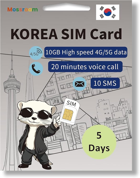 South Korea Travel SIM Card, 5 Days Plan - 10GB High-Speed Data - 20 Min Calls & 10 Texts - Prepaid & No Roaming Fees - Easy Activation