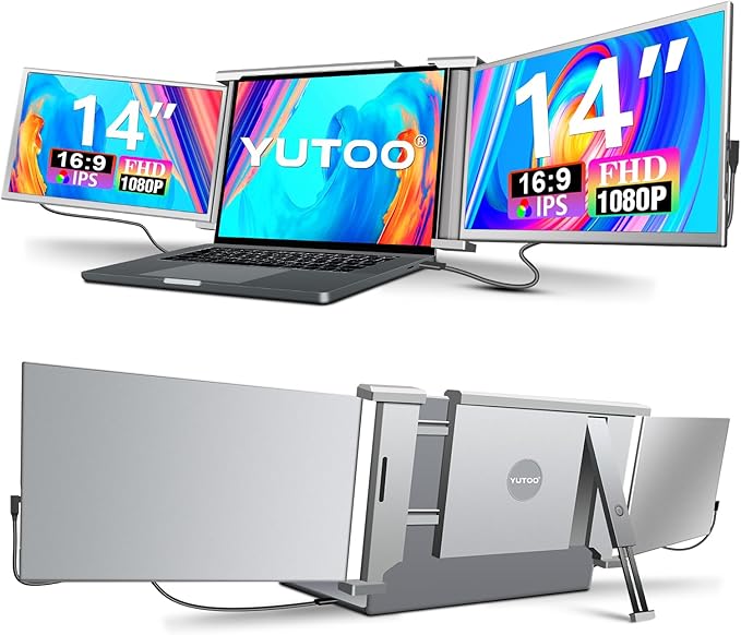 YUTOO Laptop Screen Extender, 14" Portable Triple Monitor for Laptops 315° Rotate| Plug and Play| 1080P| FHD, Laptop Monitor Extender for 13.5~16.5" Laptops, HDMI/USB-A/Type-C,for Mac/Wins/Android/Dex