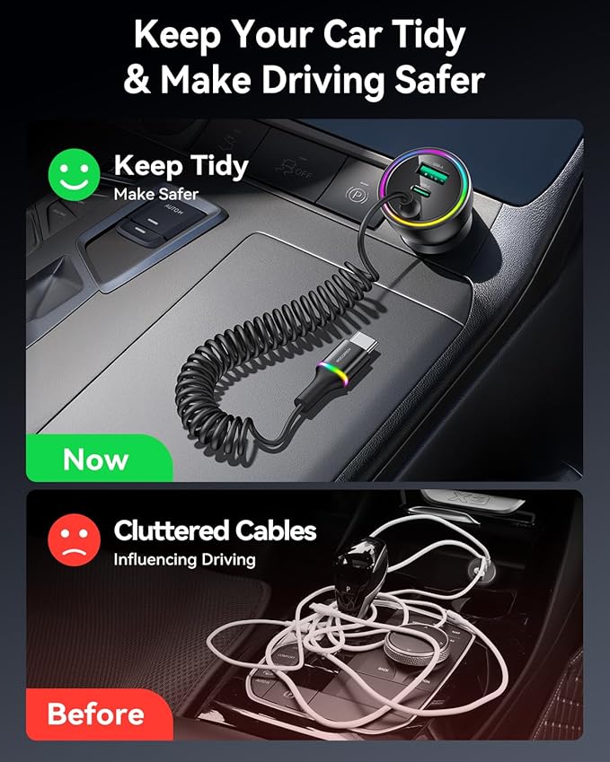 Rocoren 70W Car Charger for iPhone 17/16 Pro Max, USB C Car Charger Fast Charging with 8.2Ft Type C Coiled Cable, Super Fast Cigarette Lighter USB C Phone Adapter for iPhone 15, iPad, Samsung, Android