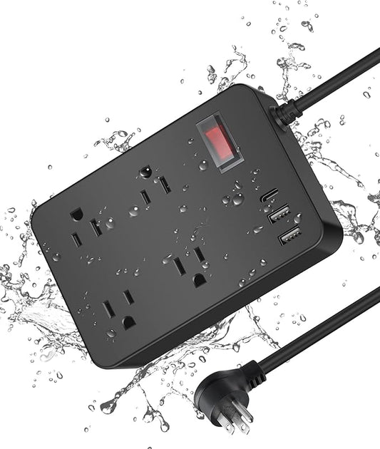 Outdoor Power Strip Weatherproof with USB C, Waterproof Surge Protector with 4 Outlets,Outdoor Electrical Outlet,Outdoor Multi Plug Outlet for Camping, Garden, Kitchen, Bathroom, 6ft Cord,Flat Plug