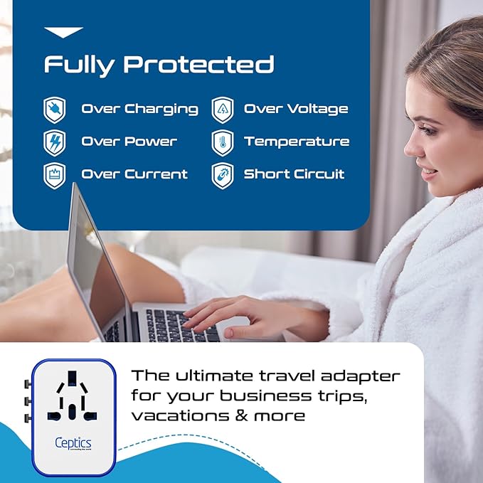 Ceptics Universal Travel Adapter Plug World Power W/ 4 USB Ports - Charge Cell Phones, Smart Watches, iPhones - For International Europe, China, UK, UAE, Australia - Type A, C, G, I