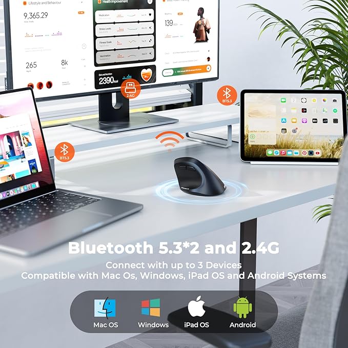 MEETION Ergonomic Mouse, Wireless Bluetooth Vertical Mouse with 3 Multi-Device for Bluetooth(5.3*2) & USB-A to USB-C Adapter, 4 DPI 1200-3200 Ergo Mice for Mac/Windows/PC/Laptop/Computer(Large Hands)