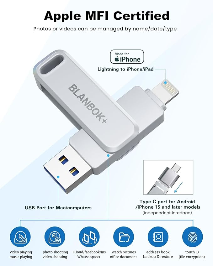 MFi Certified 256GB Flash Drive for iPhone Photo Stick, USB Memory Stick High Speed iPhone Flash Drive, External Memory Storage USB Stick Thumb Drive for iPhone/iPad/Android/PC (Metallic Silver)