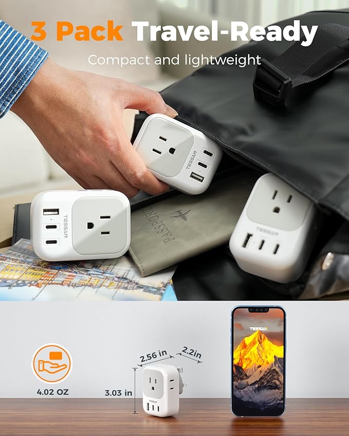 US to UK Plug Adapter 3 Pack, TESSAN Type G Adapter for Travel with 4 Outlets 3 USB (2 USB-C), Power Adaptor for US to UK Ireland London Scotland Kenya Dubai Singapore Hong Kong