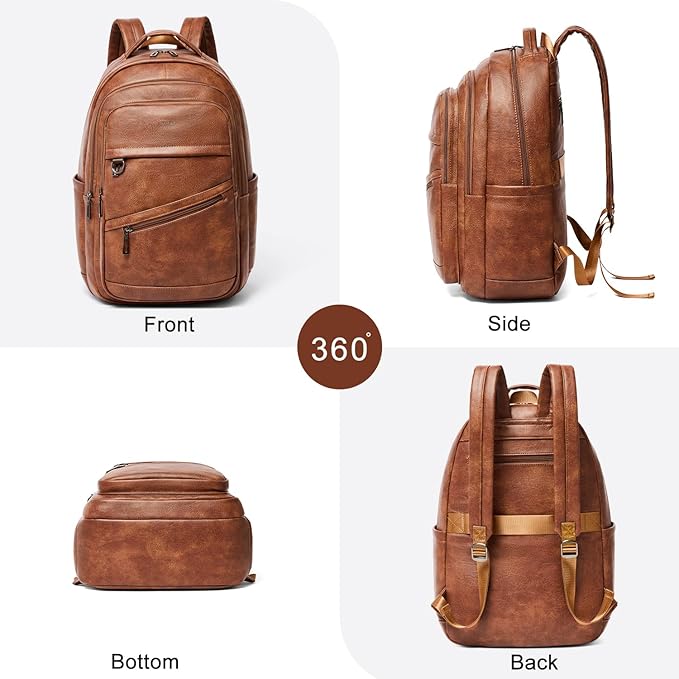 43L Backpack for Women Men - Vegan Leather Backpack Purse Travel Carry-on Bag College Bookbag Work fits 17" Laptop, Brown