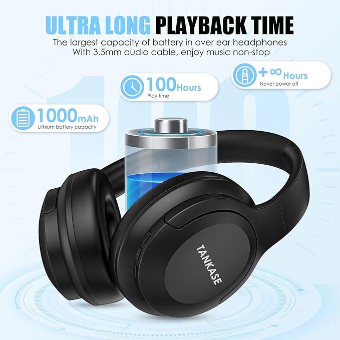 Active Noise Cancelling Headphones, Wireless Over Ear Bluetooth Headphones,100H Play Time Bluetooth Headphone with Microphone,Lightweight and Foldable Comfortable Deep Bass for Work/Gym Black