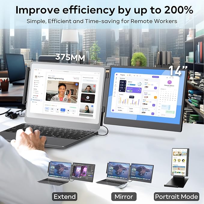 ZUMWALT Portable Laptop Screen Monitors Extender - 14" 1080P FHD Portable Monitors with Adjustable Stand for 13''-16.1'' Laptop, Plug and Play, Compatible with Wins/MacOS/Chrome/Android/PS5/Switch