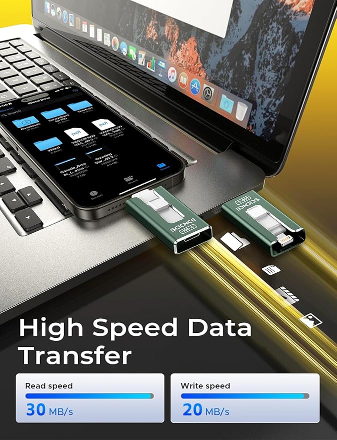 SCICNCE 256GB Flash Drive Intended for iPhone, USB Memory Stick Storage Backup for Photos Videos, Plug and Play No APP Required, Compatible with iPhone iPad Android and Computers (Green)