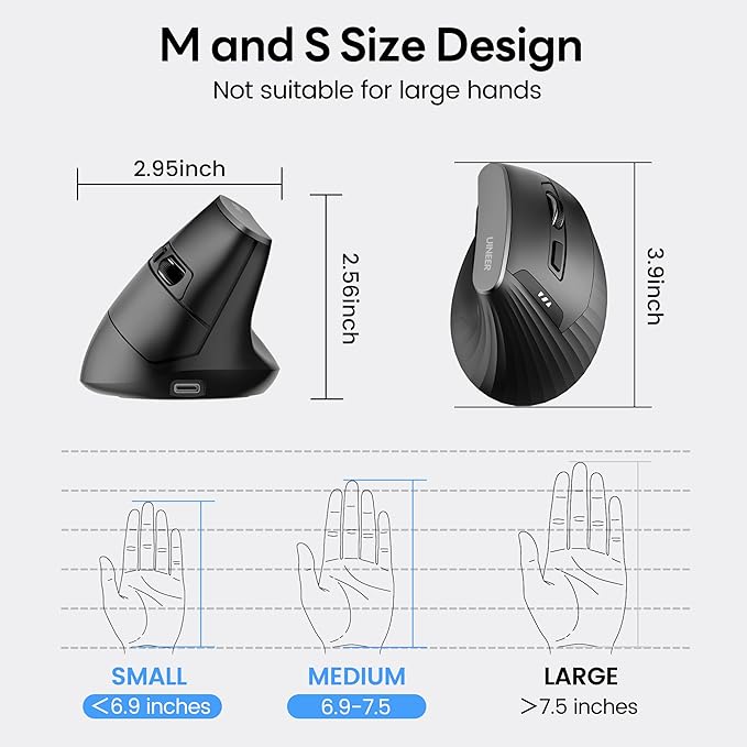 Uineer Ergonomic Wireless Mouse,Bluetooth Vertical Mouse with BT5.0/4.0/2.4G, Rechargeable with Battery Indicator,Ergonomic Design for Comfort and Reduced Wrist Strain for Home,Office Use,Black