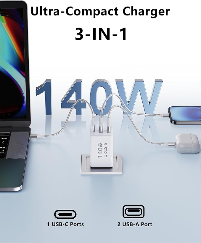 140W Mac Book Charger, USB C Fast Charger Foldable 3-Port Multi-Device Fast Power Adapter, USB C Charger for MacBook pro/Air, Dell, Samsung Galaxy, iPad Pro, and More (White)