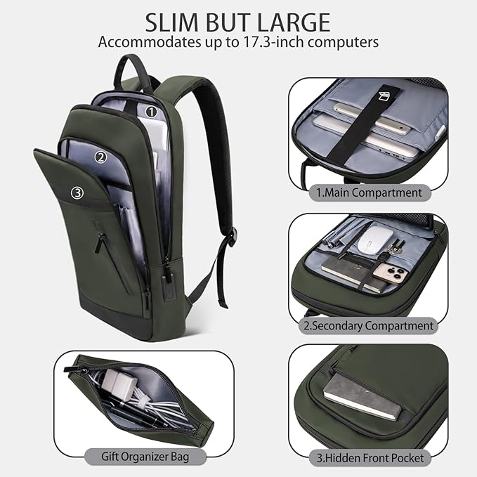 Business Backpack for Men Lightweight Commute Laptop Backpack Anti-Theft Water Resistant Backpack for 17.3 Inch Computer for Daily Office Work with Small Bag (Green)