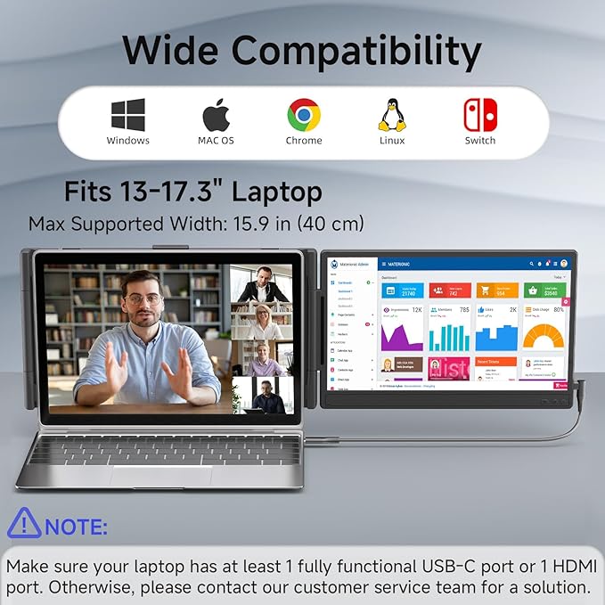 Laptop Screen Extender 14" (FHD 1080P IPS Panel 16:9) - Black Compatible with Win Mac Chrome | Plug and Play | Dual Monitor Ideal for Travel/Work/Study