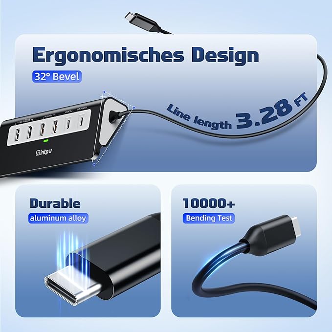 USB C Hub 10Gbps, 9-in-1 USB C Docking station 3.28FT with 4K@60Hz HDMI, Type-C & 2 Type-A 3.2, 2 USB-A 2.0, PD 100W, SD/TF Port, Black Aluminum USB Hub for Laptop, iPhone 16/15, MacBook Air/Pro