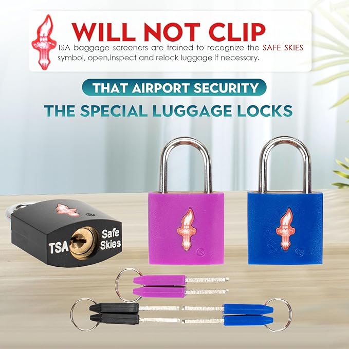 TSA Approved Locks for Luggage,TSA Keyed Travel Locks | 8 Keys, Lightweight Brass Padlocks with Rubber Coating for Suitcases, Bags, Backpacks (4 Pack Black+Blue)