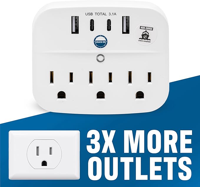 Cruise Approved Power Strip Foldable, Non Surge Protector Travel Power Strip, 2 USB-C, 2 USB, 3 AC Outlet Plugs - Cruise Essentials for Carnival, Celebrity, Princess & Major Lines in 2025 & 2026