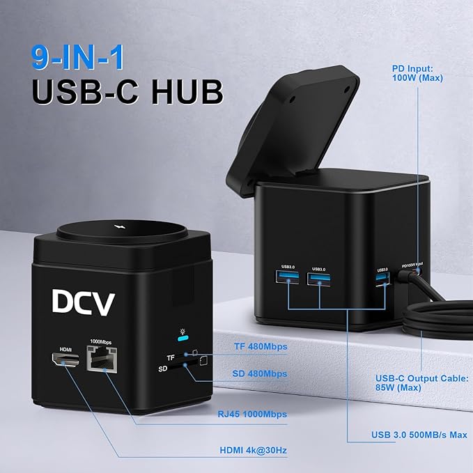 USB C Laptop Docking Station with MagSafe Charger Stand, 9 in 1 USB C Hub Multiport Adapter with 4K HDMI, 1Gbps Ethernet, 3 USB 3.0, SD/TF, Compatible with MacBook/Dell/HP/Lenovo/iPhone (Black)