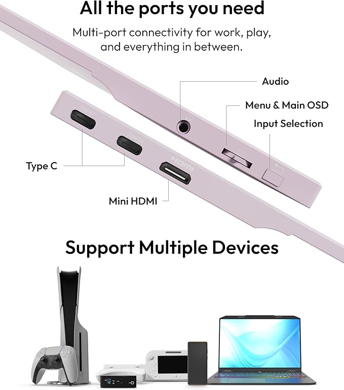 Pixio PX160 Wave Pink Portable Monitor 15.6 inch 60Hz FHD 1080p IPS Panel HDR Screen Cover Stand USB-C HDMI Laptop Screen Extender Portable Monitor for Laptop, PC, Console, Phone