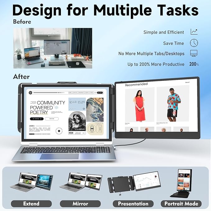 KEFEYA Laptop Screen Extender, 14" Portable Monitor for Laptops 13-17", 1080P FHD IPS Monitor Extender for Laptop with USB-C/HDMI Port, Plug n Play for Windows/Chrome/Mac/Switch/PS5