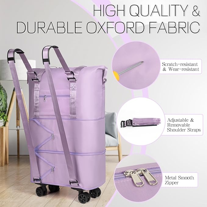 VOOWO Duffel Bag with Wheels - Rolling Foldable Expandable Duffle Bag with Wheels for Travel, Rolling Luggage Bag Carry On Travel Bag with Wheels, Large Wheeled Overnight Weekender Bag (Light Purple)
