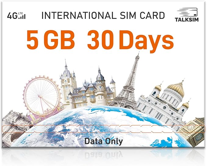 5GB Data for 30 Days International SIM Card, 4G LTE Coverage Across 45 Countries (USA, UK, Europe, Asia, Africa), Prepaid Travel SIM Data Only for Unlocked Phones, Tablets, Hotspots – No Contract