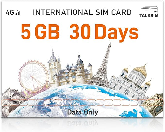5GB Data for 30 Days International SIM Card, 4G LTE Coverage Across 45 Countries (USA, UK, Europe, Asia, Africa), Prepaid Travel SIM Data Only for Unlocked Phones, Tablets, Hotspots – No Contract