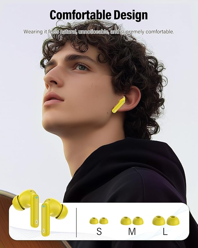 Wireless Earbuds, Bluetooth 5.4 Headphones Bass Stereo, Ear Buds with Noise Cancelling Mic, LED Display in Ear Earphones Clear Calls, IP7 Waterproof Bluetooth Earbuds for Laptop/Phones/Sports, Yellow