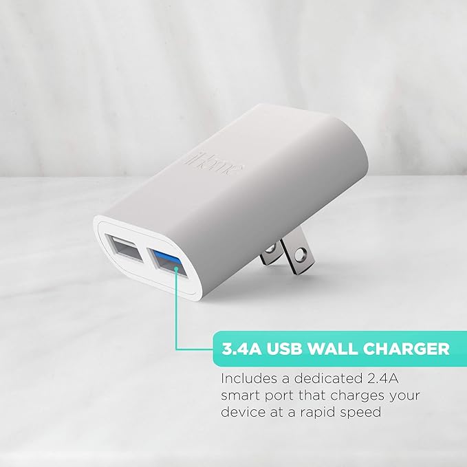 iHome 2-Port USB Wall Charger, AC Pro Multiport Plug Adapter, Phone Charging Block with Dual Ports, Flat Wall Adapter for Home & Travel
