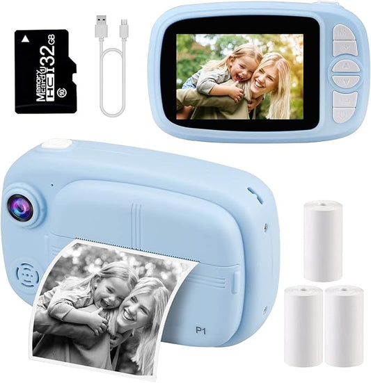 Kids Instant Camera, Mijiaowatch 12MP/1080P Kids Digital Print Camera with 3.5 Inch Cameras for Kids 32GB TF Card, Kids Gift Toys for Ages 3-14 (Blue)