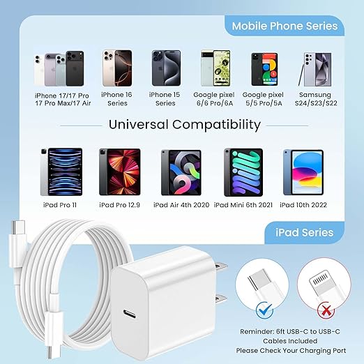 iPhone 17 16 15 Charger Fast Charging,3-Pack 20W USB C Charger Block with 60W Type C to USB C Cable Cord 6FT,Compatible with iPhone 17/17 Pro/17 Pro Max/17 Air/16/16 Pro Max/16 Pro/16 Plus/15/15 Pro